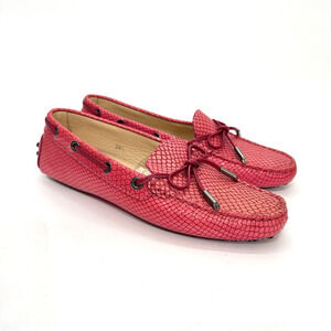 Tod's Womens 36.5/6.5 Heaven Tie-Front Driving Moccasins Pink Snakeskin-Embossed